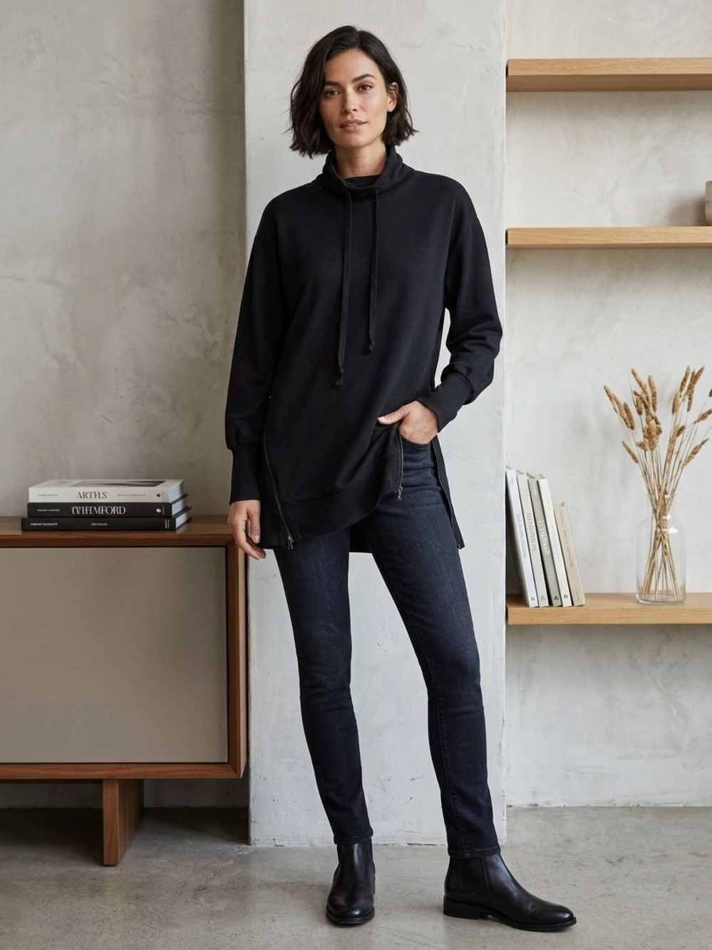 L'AGENCE Black Cowl Neck Sweatshirt Tunic Pullover Zip Hem Cotton Modal Small S